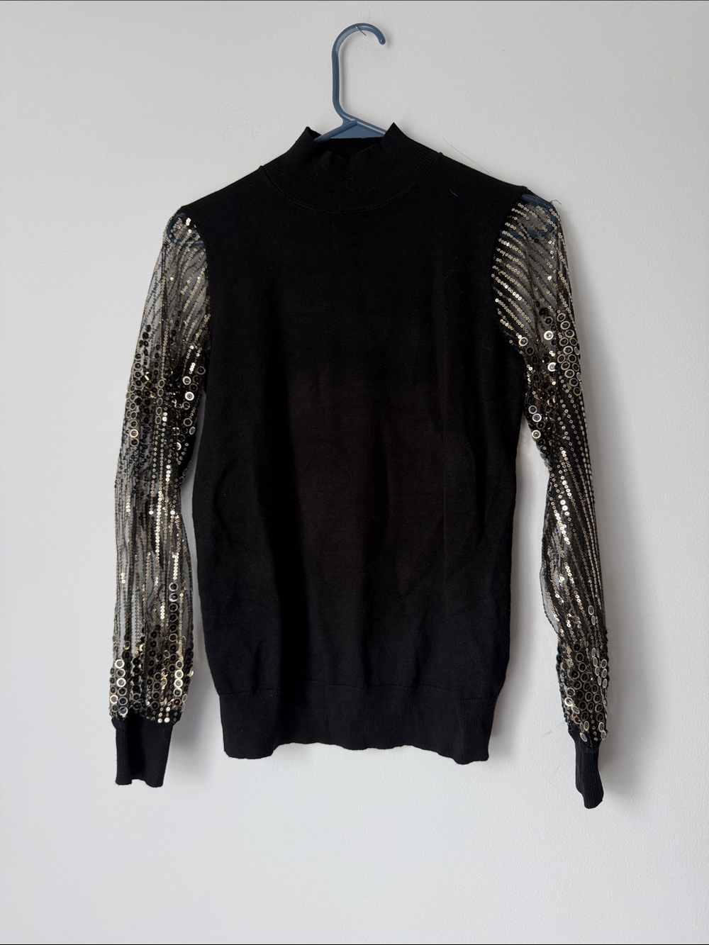 Carmen Marc Valvo Black Turtleneck Sweater with Silver Sequin Sleeves